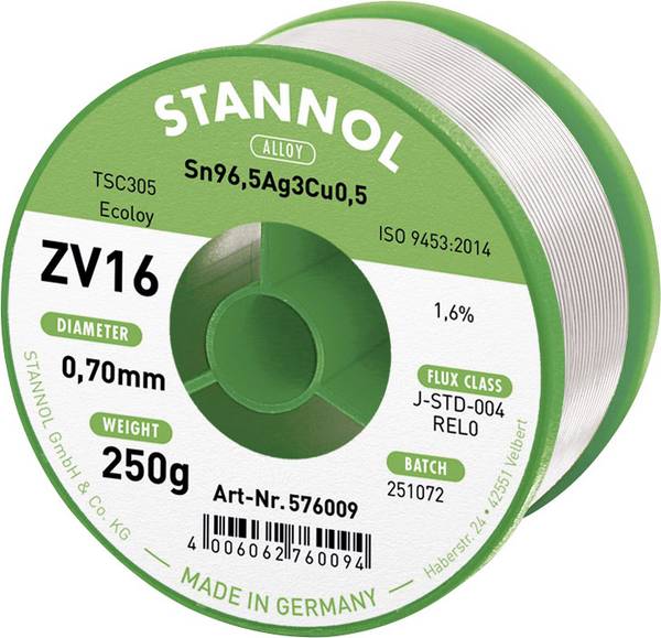 Stannol ZV16 Étain à souder sans plomb sans plomb Sn96,5Ag3Cu0,5 REL0 250 g 0.7 mm