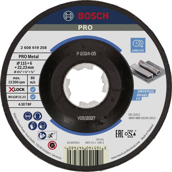 Bosch Accessories 2608619258 X-LOCK Schruppscheibe 115x6mm Expert for Metal gekröpft VE10 Disque à ébarber à moyeu déporté Diamètre 115 mm Ø de perçage 22.23 mm  1 pc(s)