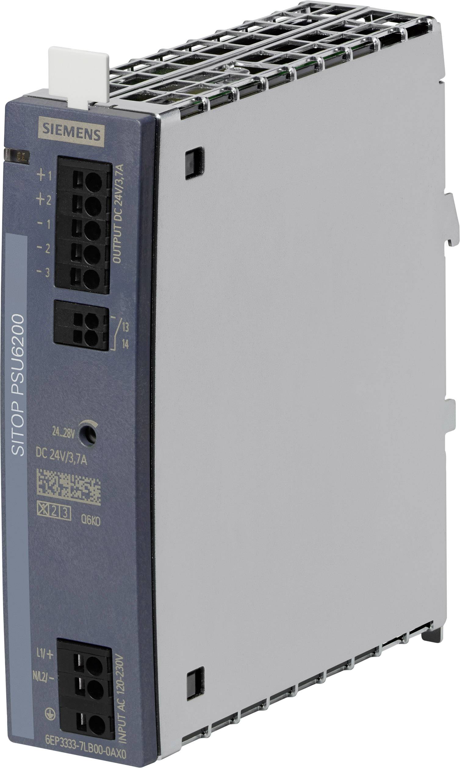 Siemens SITOP PSU6200 alimentation industrielle avec sortie 24 VDC, numéro de modèle visible. Utilisée pour une alimentation électrique fiable.