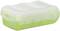 Un distributeur de savon rectangulaire, transparent, avec un couvercle blanc et un socle vert. Le texte 'Name/Each' est visible sur le côté.