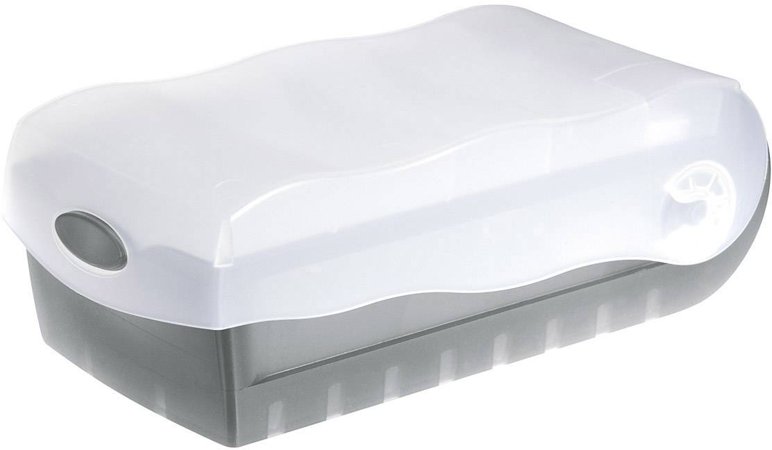 Boîte transparente avec couvercle blanc et base grise, adaptée au stockage des aliments.