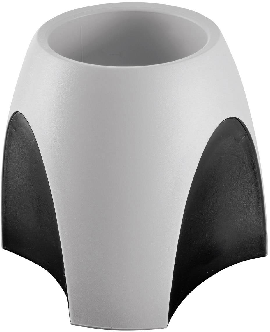 Poubelle grise, de forme conique, avec un design noir et bombé sur les côtés.