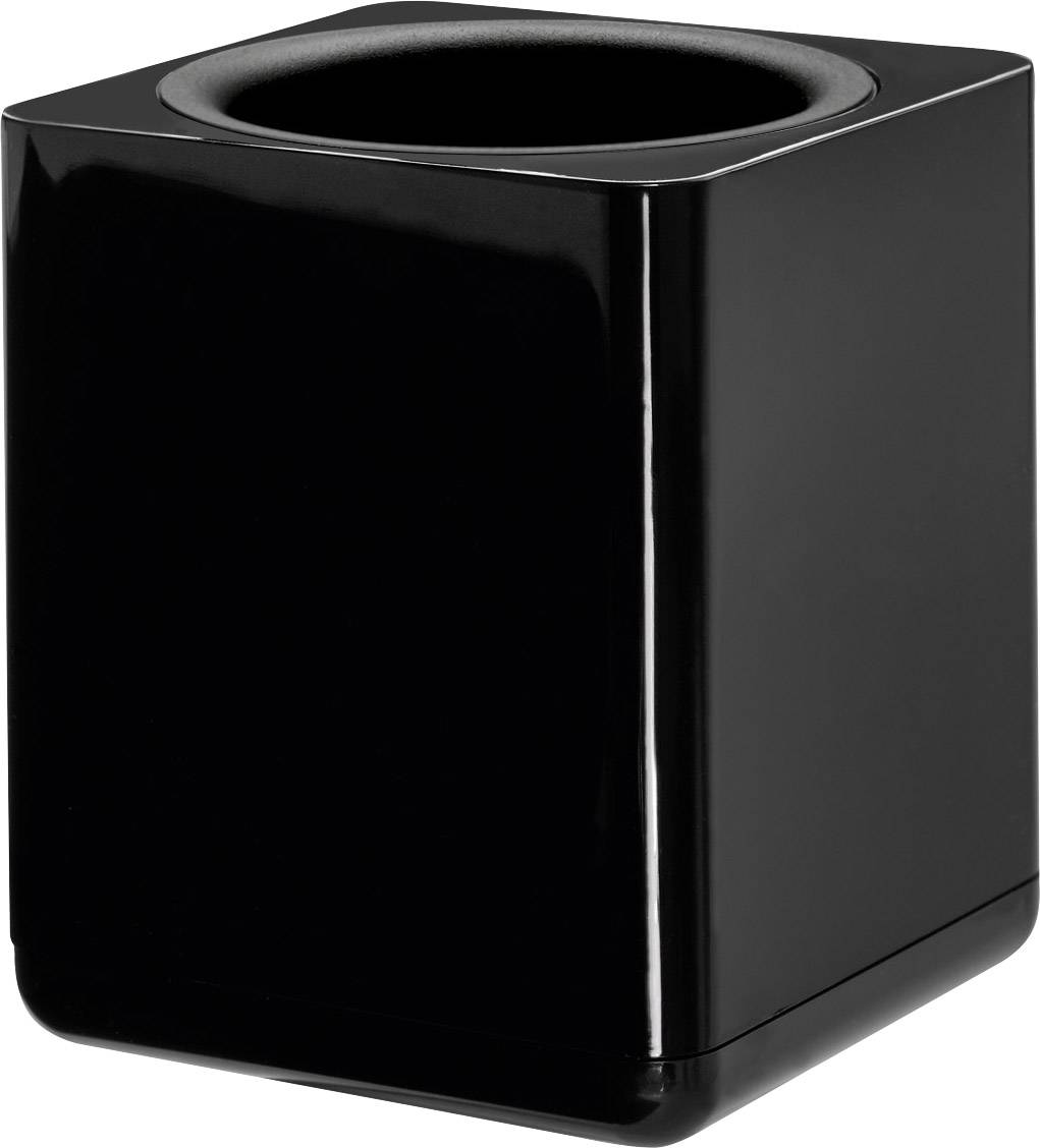 Un récipient cubique noir brillant, ouvert à son extrémité supérieure, probablement destiné à servir de poubelle.
