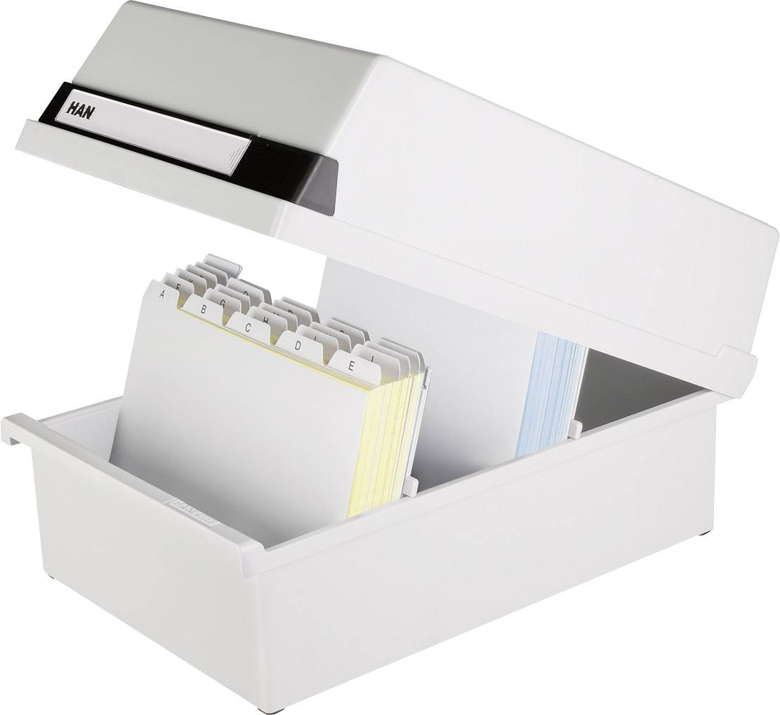 Boîte de fiches blanche ouverte avec des intercalaires de A à E et des onglets de couleur.