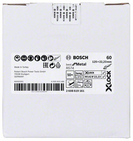 Un emballage blanc avec une étiquette affiche des informations sur les disques de meulage Bosch, comprenant le numéro de modèle, les spécifications et le lieu d'origine.