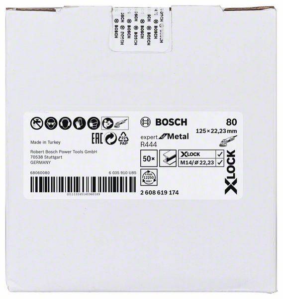 Emballage de disque à poncer 'Bosch' avec spécifications : diamètre de 125 mm, trou de 22,23 mm, grain 80, modèle R444, système X-Lock. Fabriqué en Turquie.