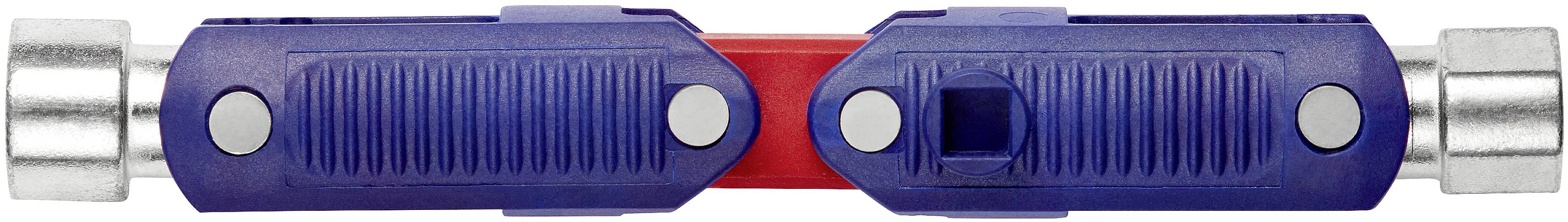 Poignée en plastique bleu avec insert rouge, embouts métalliques sur chaque extrémité.