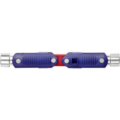 Poignée en plastique bleu avec insert rouge, embouts métalliques sur chaque extrémité.