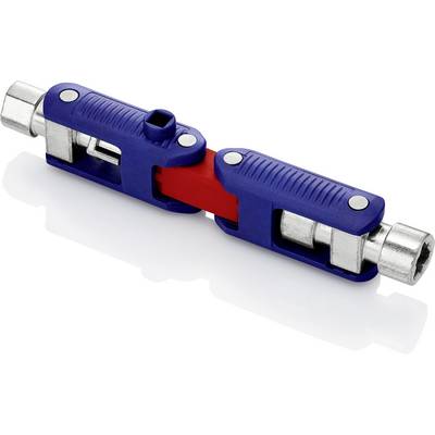 Une clé à molette bleue, multifonctionnelle, avec deux douilles et une partie centrale rouge, repose sur une surface blanche.