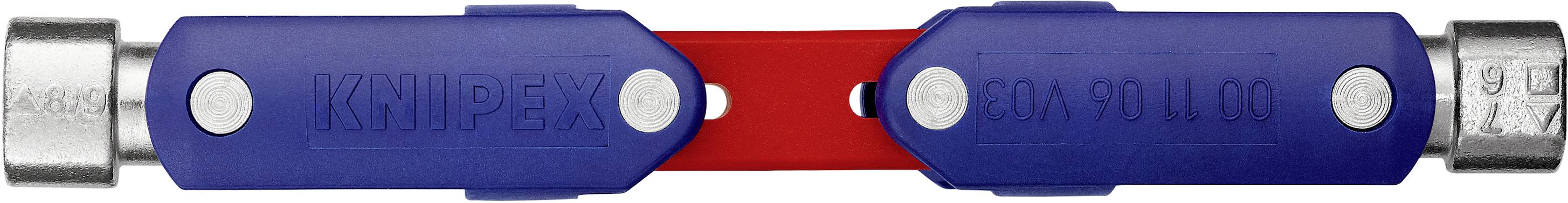 Clé multifonction bleue en forme de T avec partie centrale rouge, adaptée à différentes applications d'installation.