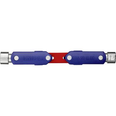 Clé multifonction bleue en forme de T avec partie centrale rouge, adaptée à différentes applications d'installation.