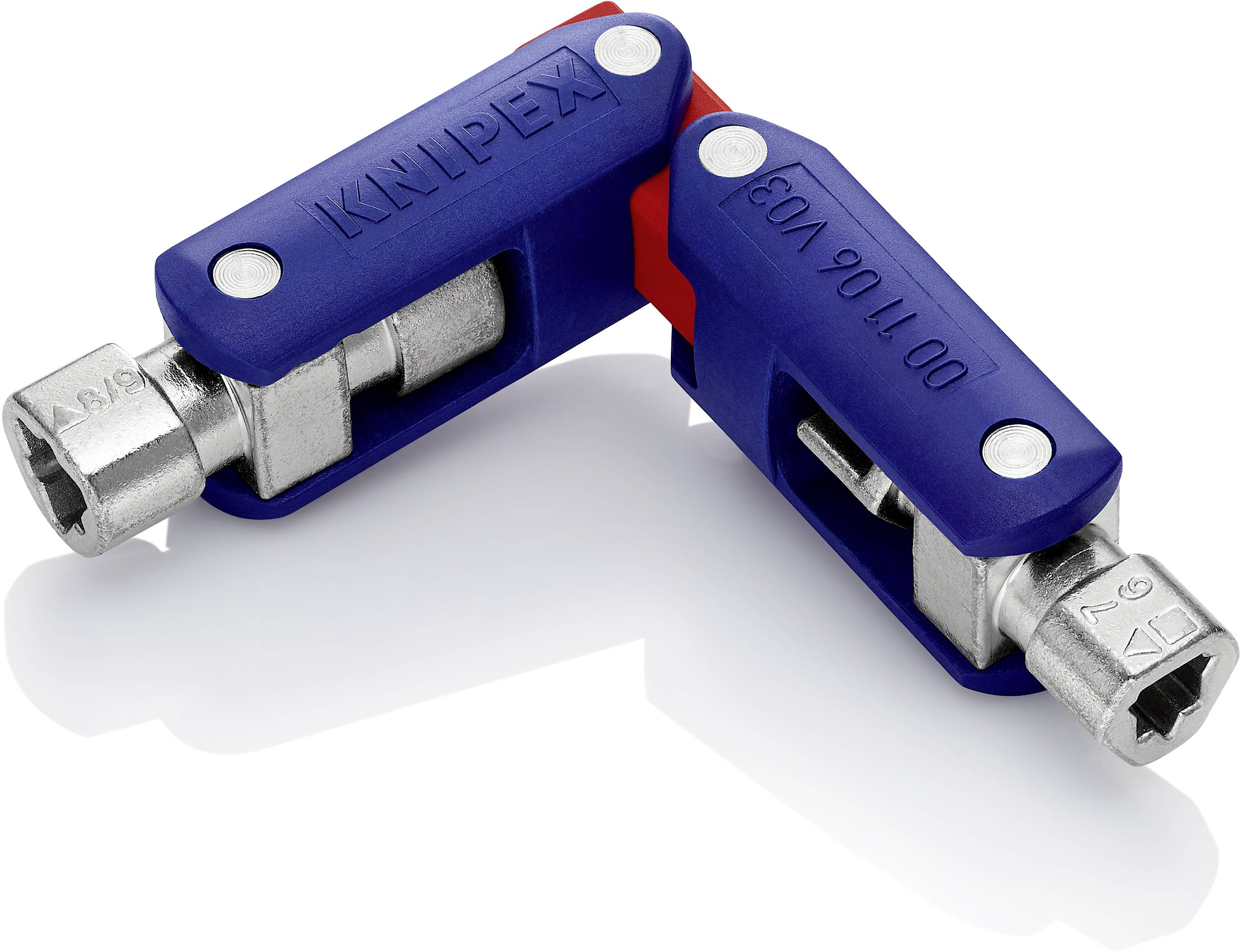 Clé multifonction KNIPEX à poignées bleues et têtes métalliques argentées, destinée aux branchements multiples, sur un fond clair.