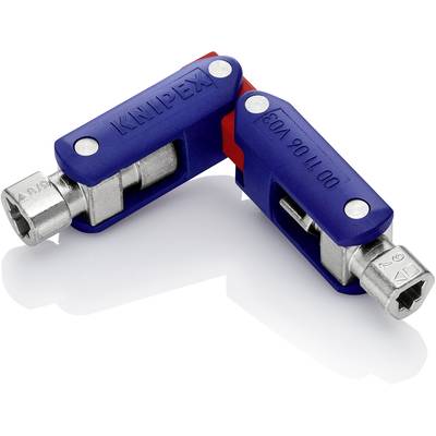 Clé multifonction KNIPEX à poignées bleues et têtes métalliques argentées, destinée aux branchements multiples, sur un fond clair.