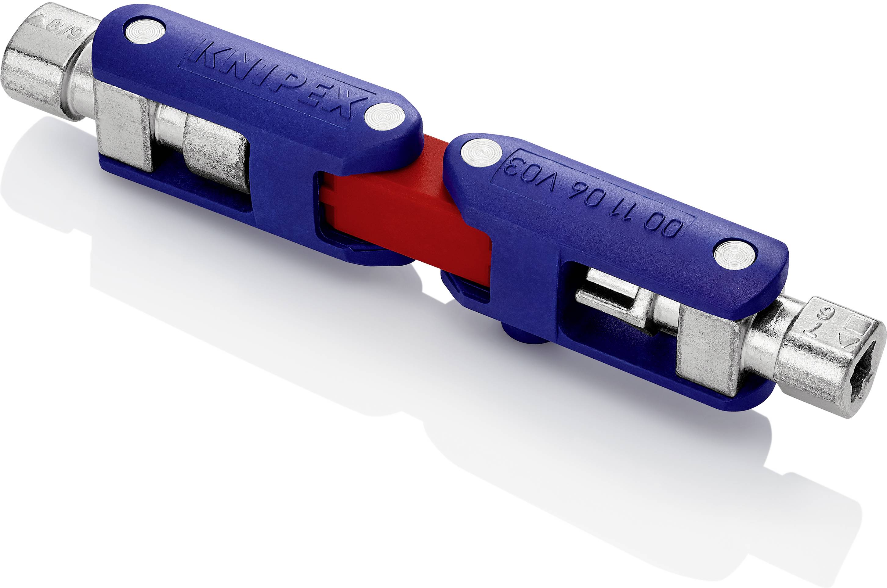 Clé à double embout Knipex avec boîtier bleu et rouge et extrémités argentées, utilisée pour le chauffage, la ventilation et les applications sanitaires.