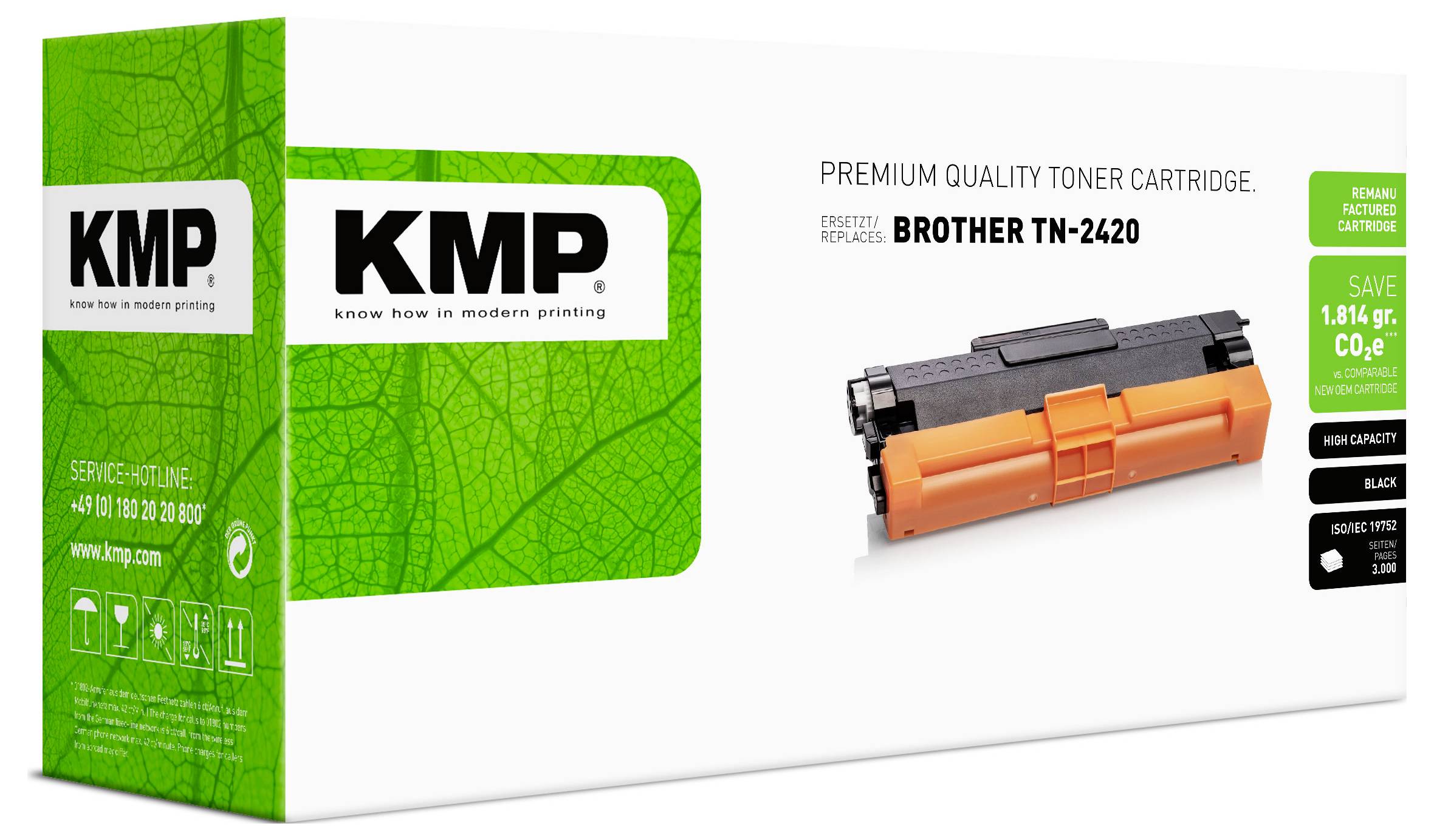 Boîte de cartouche de toner de qualité premium KMP pour Brother TN-2420, montrant une cartouche orange et noire et une affirmation d'économies.