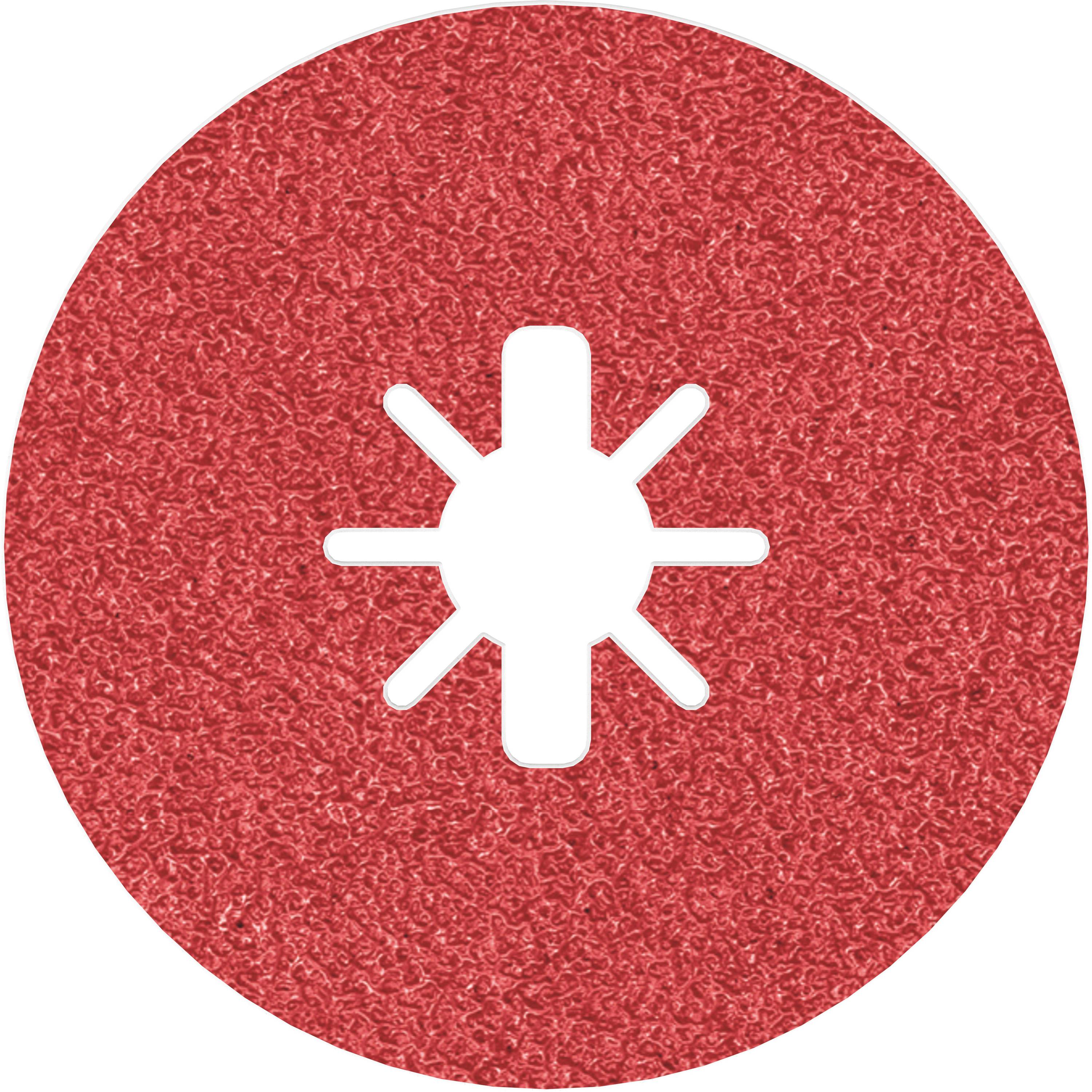 Un disque de ponçage rouge avec un trou central en forme d'étoile servant à la fixation sur un outil de meulage.