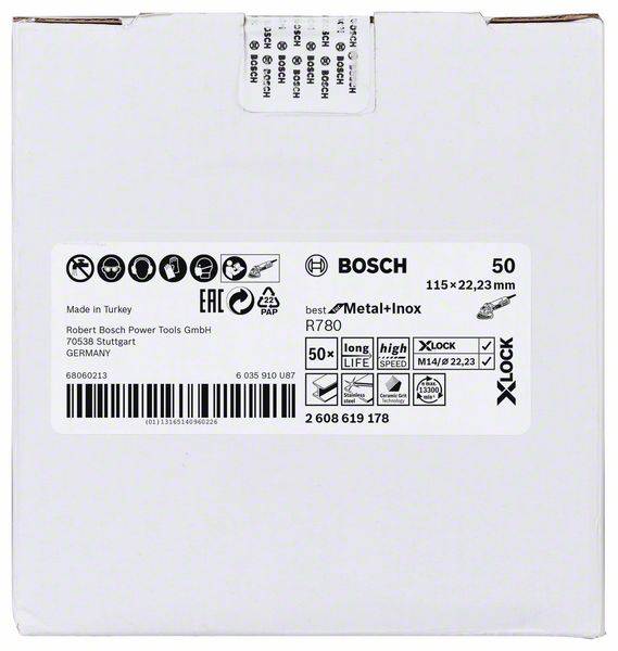 Emballage blanc de Bosch, contenant 50 disques de coupe en métal et inox, 115 x 22,23 mm, fabriqués en Turquie.