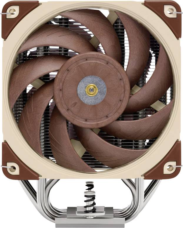 Ventilateur de refroidissement avec des pales rondes de couleur marron, boîtier beige et ailettes de refroidissement argentées ; utilisé pour refroidir les processeurs d'ordinateur.