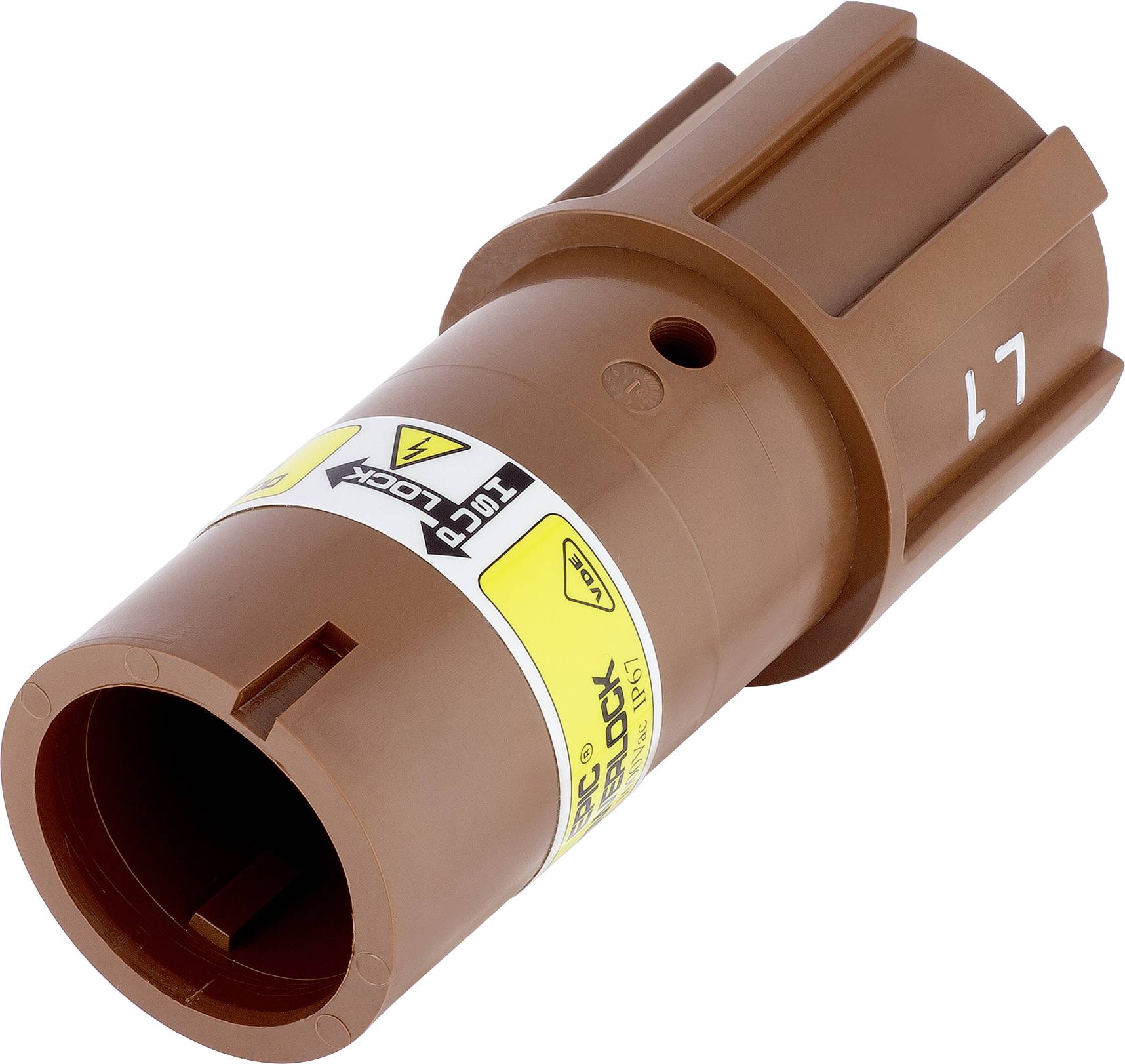 Un bouchon en plastique marron avec une étiquette jaune sur laquelle sont inscrites les mentions 'LOCK' et 'PUSH' en lettres noires.