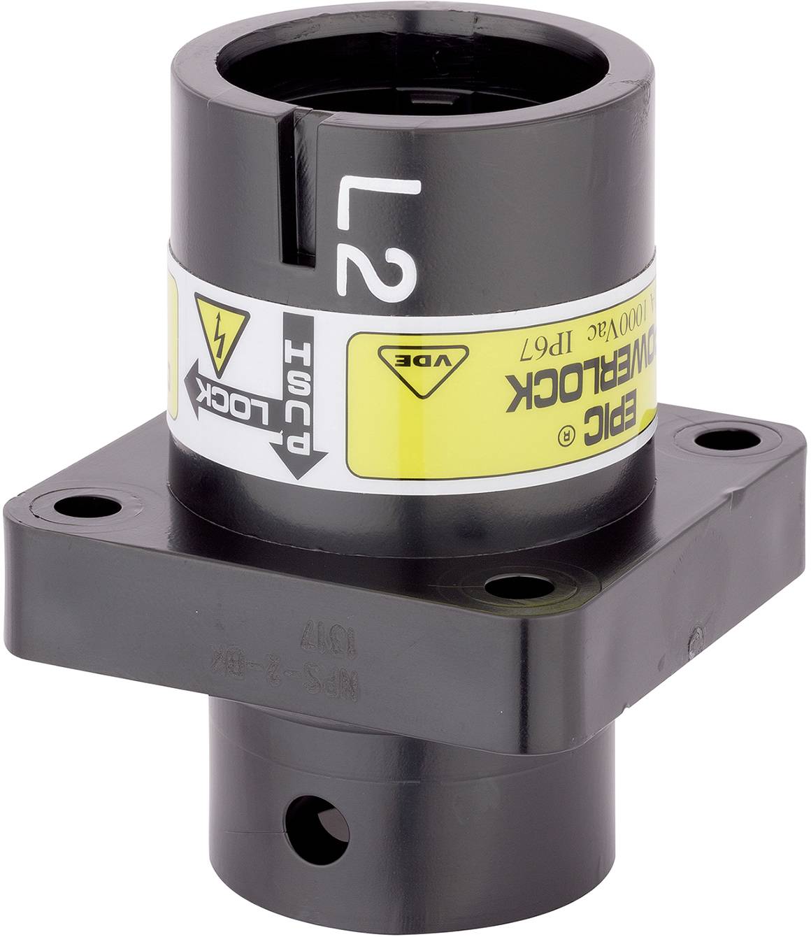 Un connecteur cylindrique noir EPIC U-Wall, portant des marquages de sécurité jaunes, reconnaissable au logo EPIC et à l'inscription 'LOCK'.