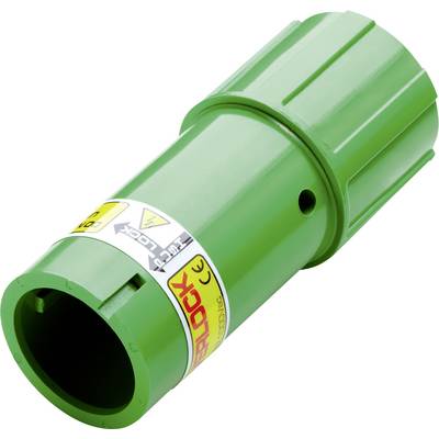 Adaptateur anguleux vert avec plusieurs connexions et des avertissements en jaune et noir. Utilisé pour les connexions électriques.