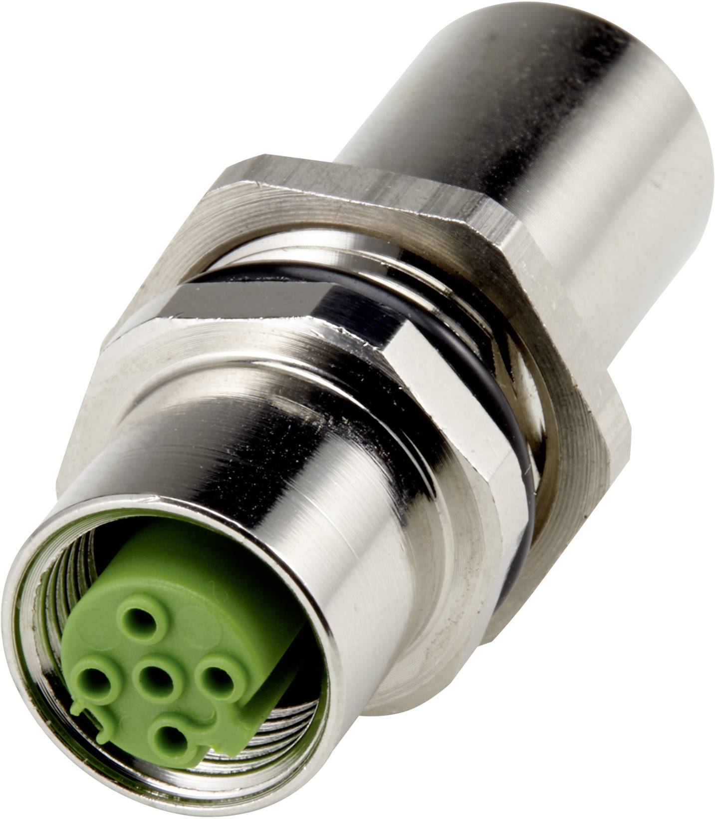 Un connecteur métallique cylindrique avec une structure interne verte et plusieurs trous pour broches.