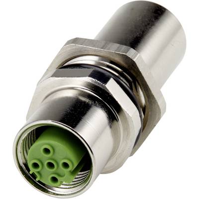 Un connecteur métallique cylindrique avec une structure interne verte et plusieurs trous pour broches.