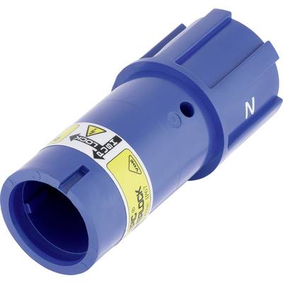 Connecteur électrique bleu avec des étiquettes et des indications pour une utilisation sûre, portant la mention 'N' sur le côté.