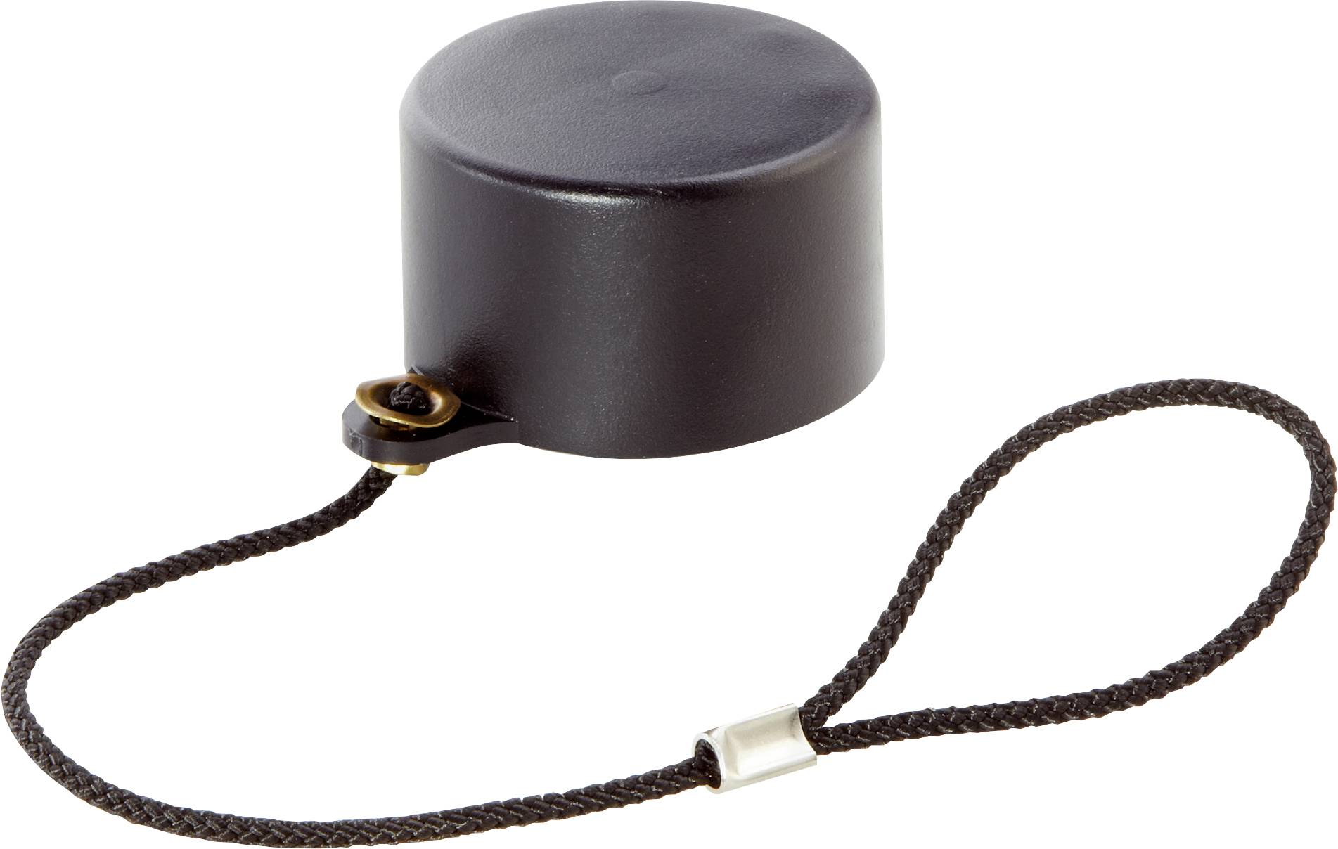 Un couvercle rond en plastique noir avec une boucle.