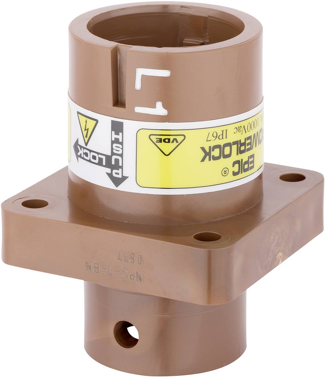 Un adaptateur électrique marron avec une étiquette blanche sur laquelle sont inscrits 'LOCK' et 'PUSH', ainsi que des symboles de sécurité électrique.