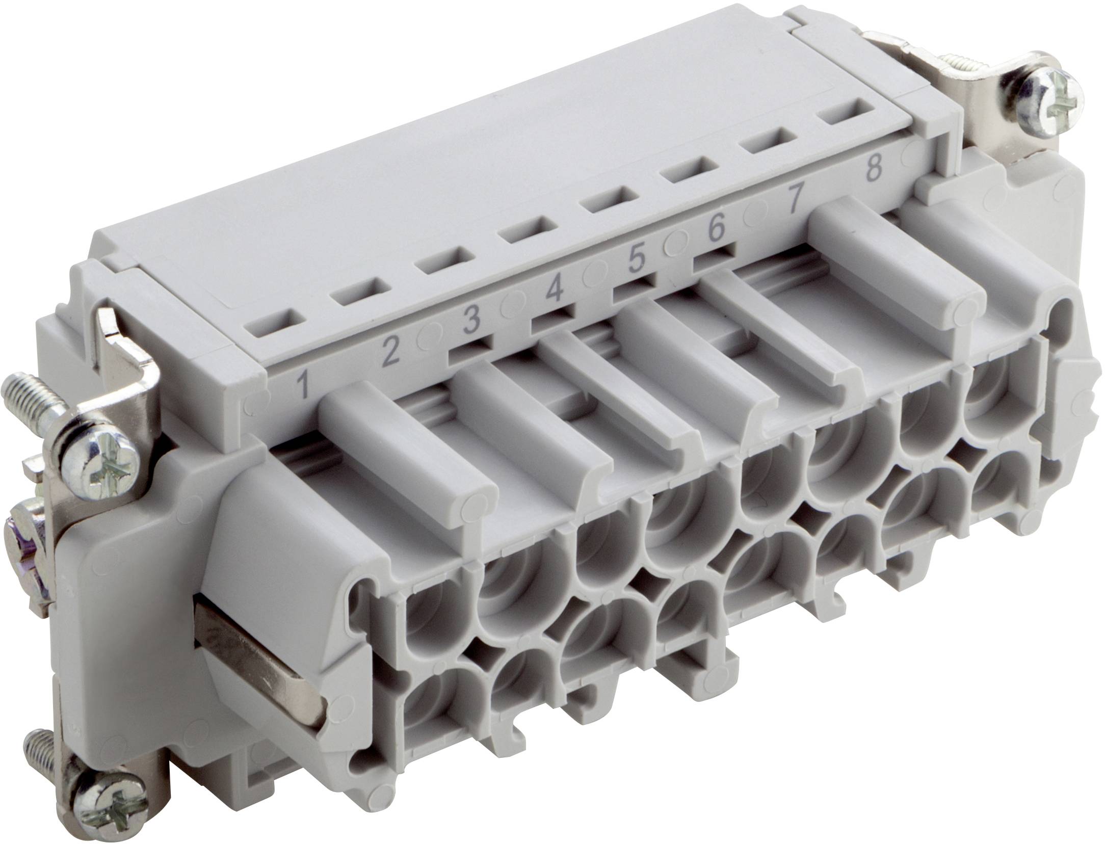 Un connecteur électrique gris avec huit bornes numérotées et des connexions à vis aux deux extrémités.