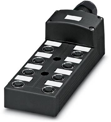 Un module électronique noir avec plusieurs connexions et des voyants LED sur la surface supérieure. Il sert à connecter des appareils techniques.