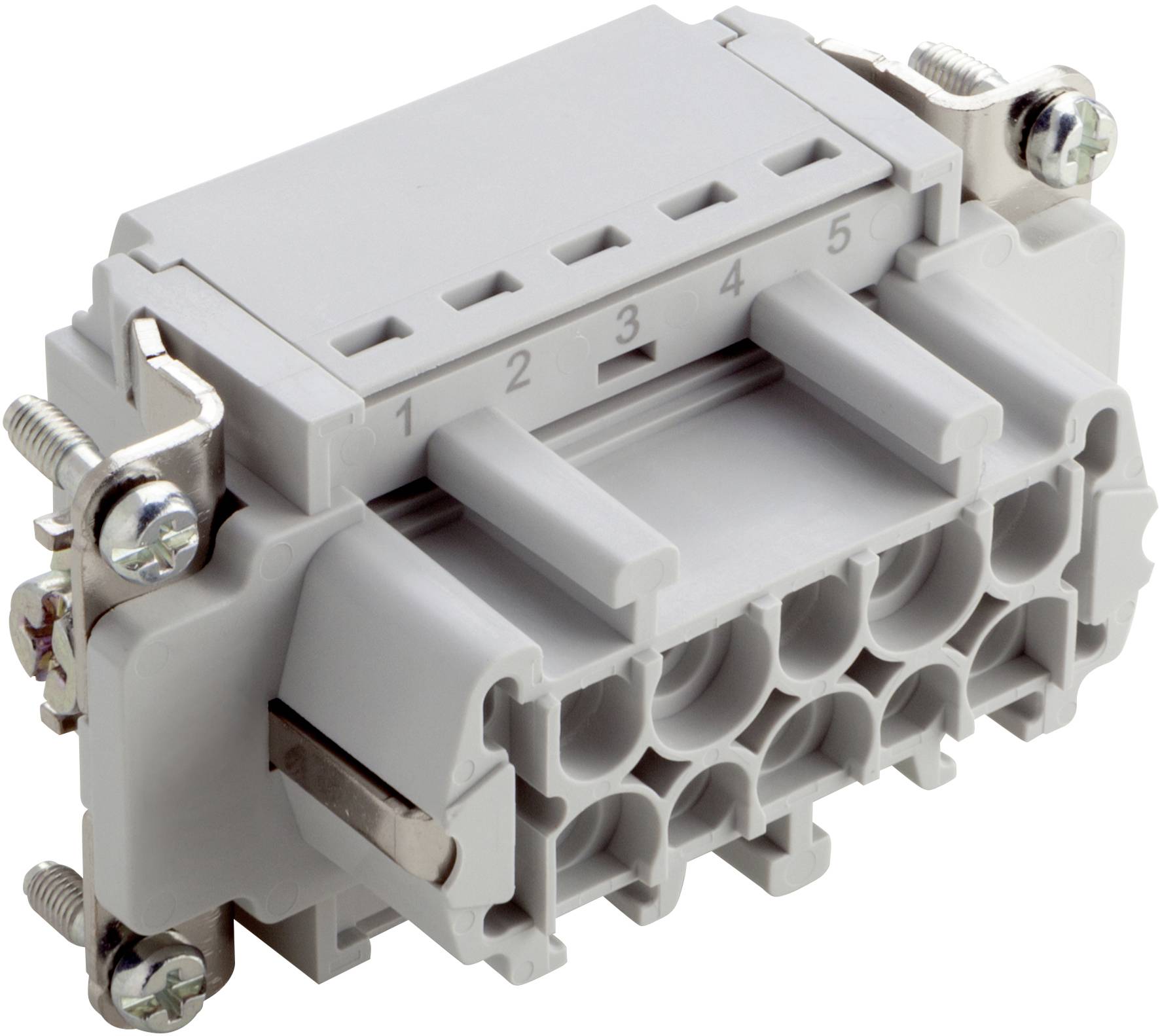 Boîtier de connecteur électrique gris avec plusieurs vis et bornes numérotées de 1 à 5, adapté aux applications industrielles.