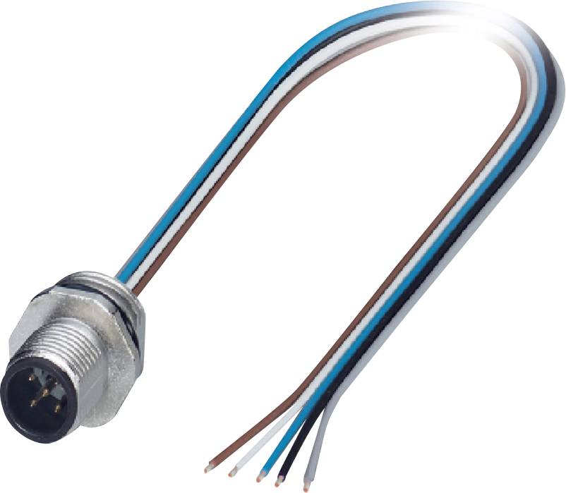 Connecteur M12 avec extrémité de câble ouverte. La fiche possède quatre fils colorés : bleu, marron, noir et blanc. Adapté pour les connexions industrielles.