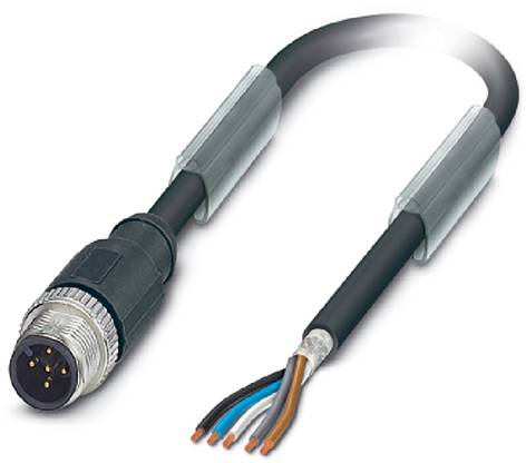 Câble noir multibrins avec fiche métallique ronde et extrémités de fils de couleurs dénudées, adapté pour les connexions électriques.