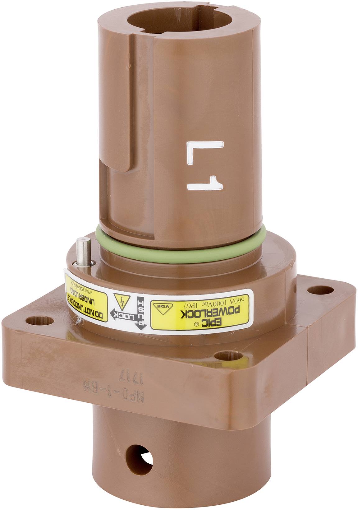 Connexion électrique marron, de forme cylindrique, avec joint d'étanchéité vert et avertissement de sécurité jaune. Convient pour des applications industrielles.