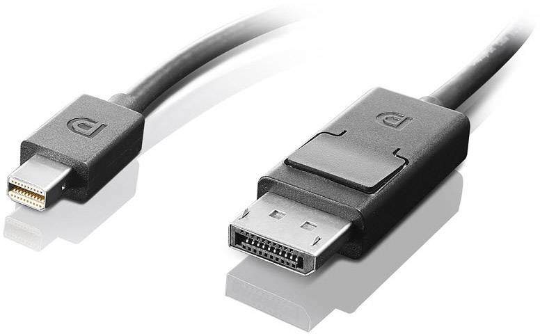 Un câble noir avec une fiche Mini DisplayPort d'un côté et une fiche DisplayPort de l'autre côté.