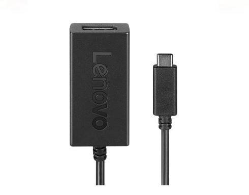 Un adaptateur noir de Lenovo avec une fiche USB-C et un connecteur rectangulaire.