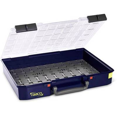 Mallette à outils transparente avec couvercle clair et compartiments intérieurs. La face avant porte un logo raaco et une poignée grise.