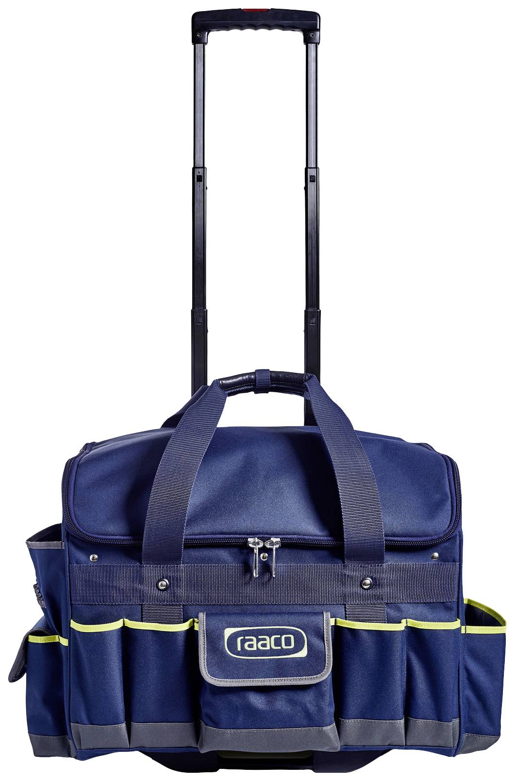 Sac à outils bleu foncé avec poignée télescopique et poches extérieures pour les outils. Contient le logo 'raaco' sur la face avant.