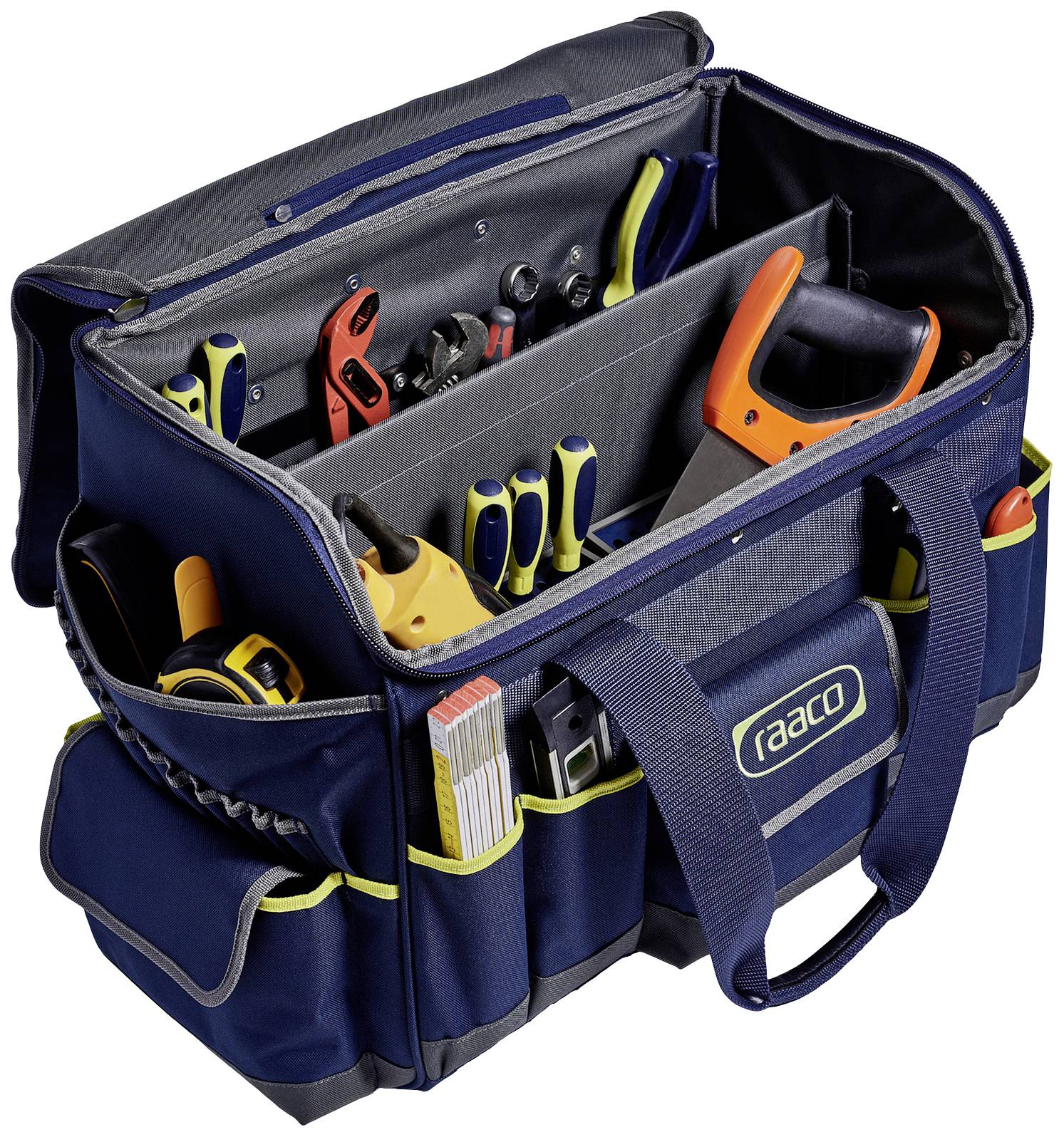 Grand sac à outils bleu avec une fermeture éclair ouverte, rempli de divers outils tels que tournevis, scie et pince.