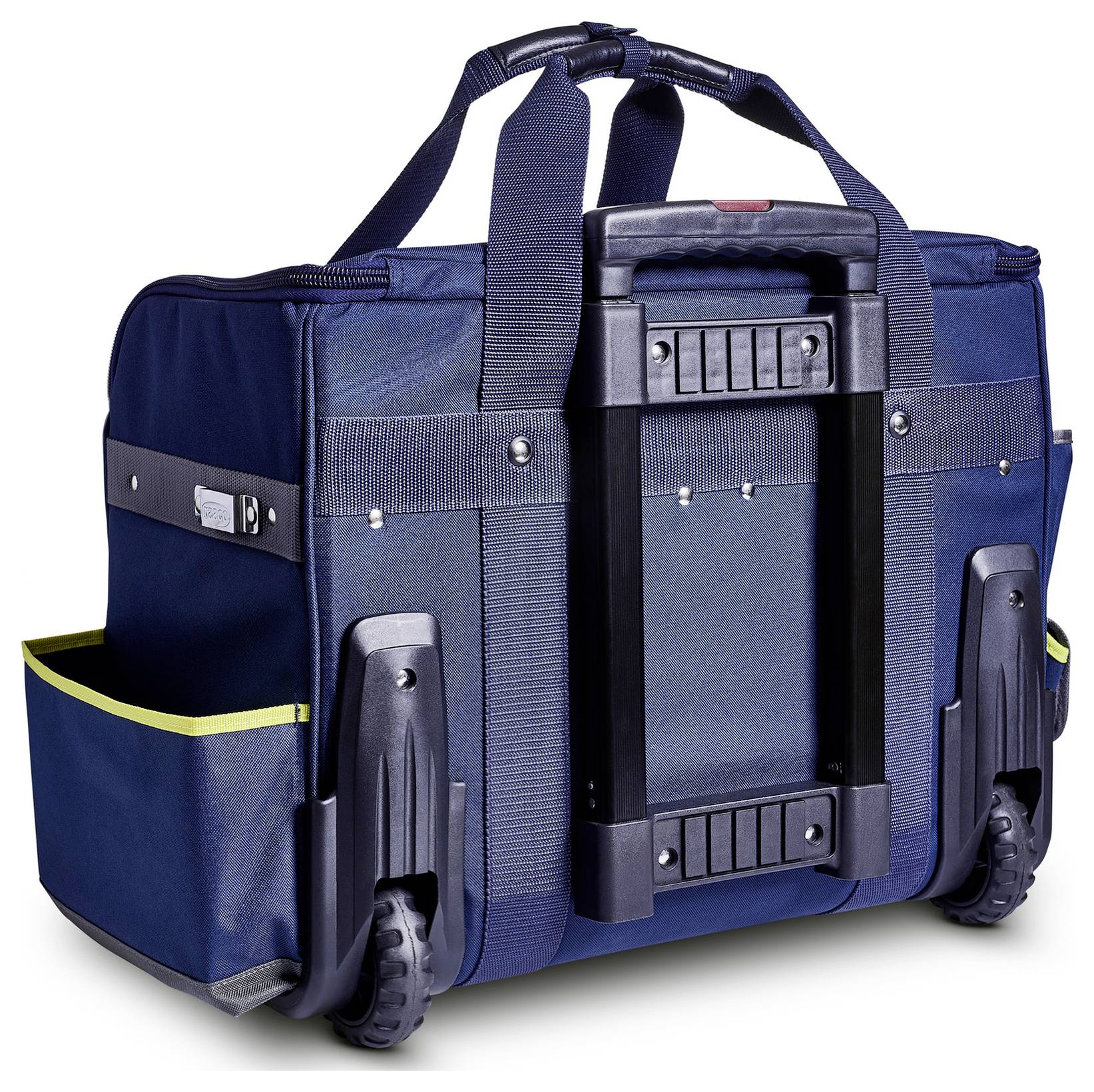 Un sac à outils à roulettes bleu, doté d'une poignée robuste et de roues, conçu pour la portabilité et le rangement efficace des outils et de l'équipement.