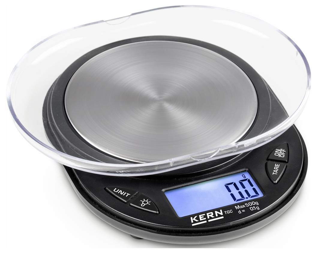 Balance de cuisine numérique avec plateau de pesée circulaire en acier inoxydable et affichage rétroéclairé bleu indiquant '0.0g'. Touches pour les unités et la mise en marche/arrêt présentes.