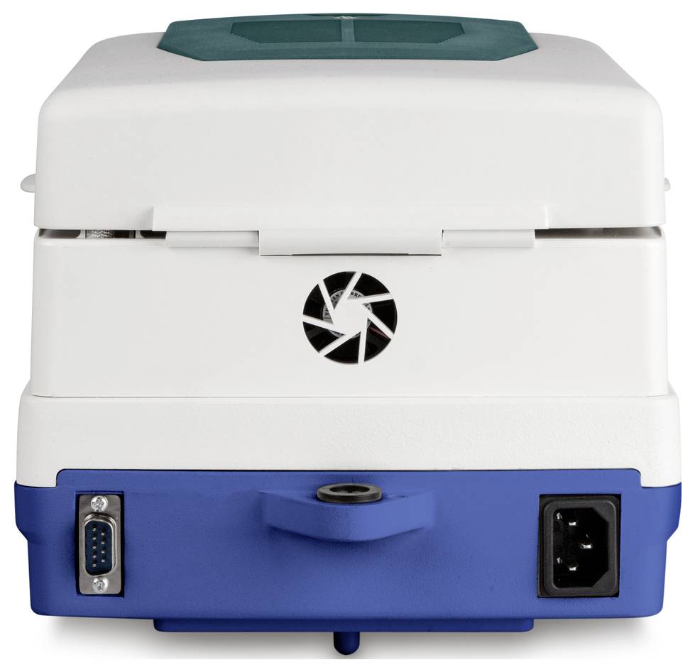 Un appareil de laboratoire avec une base bleue et un couvercle blanc, vue de face, montrant des bornes de connexion et une grille de ventilation.