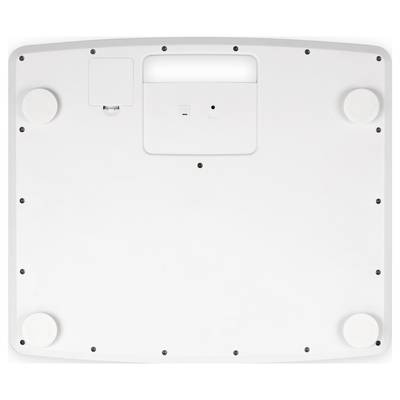 Le dessous d'un appareil électronique blanc avec quatre pieds en caoutchouc ronds, un couvercle de compartiment à batterie et plusieurs vis.