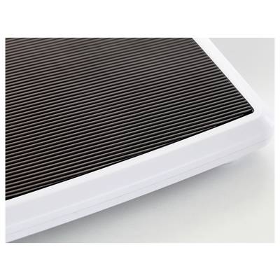 Balance électronique personnelle avec cadre blanc et surface texturée foncée sur un fond clair.
