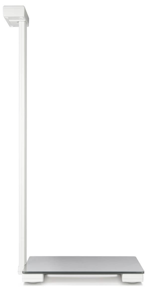 Une balance électronique avec une grande tige verticale et un large plateau de mesure plat en dessous.
