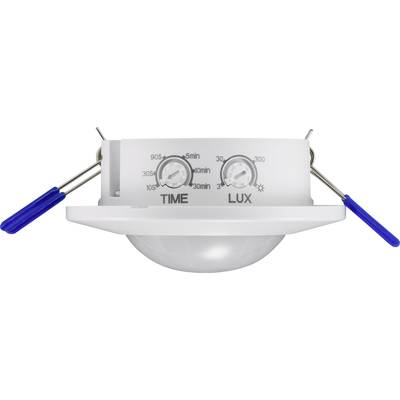 Un détecteur de mouvement blanc avec des attaches de fixation bleues. Deux boutons rotatifs sont étiquetés 'TIME' et 'LUX' pour régler le temps et la sensibilité lumineuse.