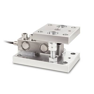 Une cellule de charge en argent avec base rectangulaire et surface d'appui réglable, utilisée pour des mesures de poids précises.