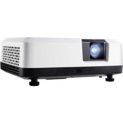 Un projecteur moderne, rectangulaire, avec un faisceau lumineux actif, reposant sur quatre pieds.